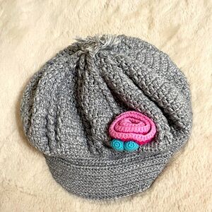 Hanna Andersson Girls’ crochet knit hat with flower and pom pom grey 100% cotton